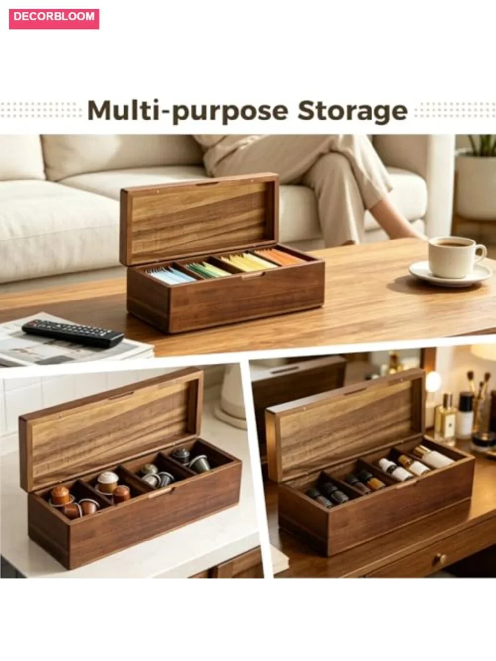 Wooden Tea Bag Organizer with 4 Compartments and Removable Dividers